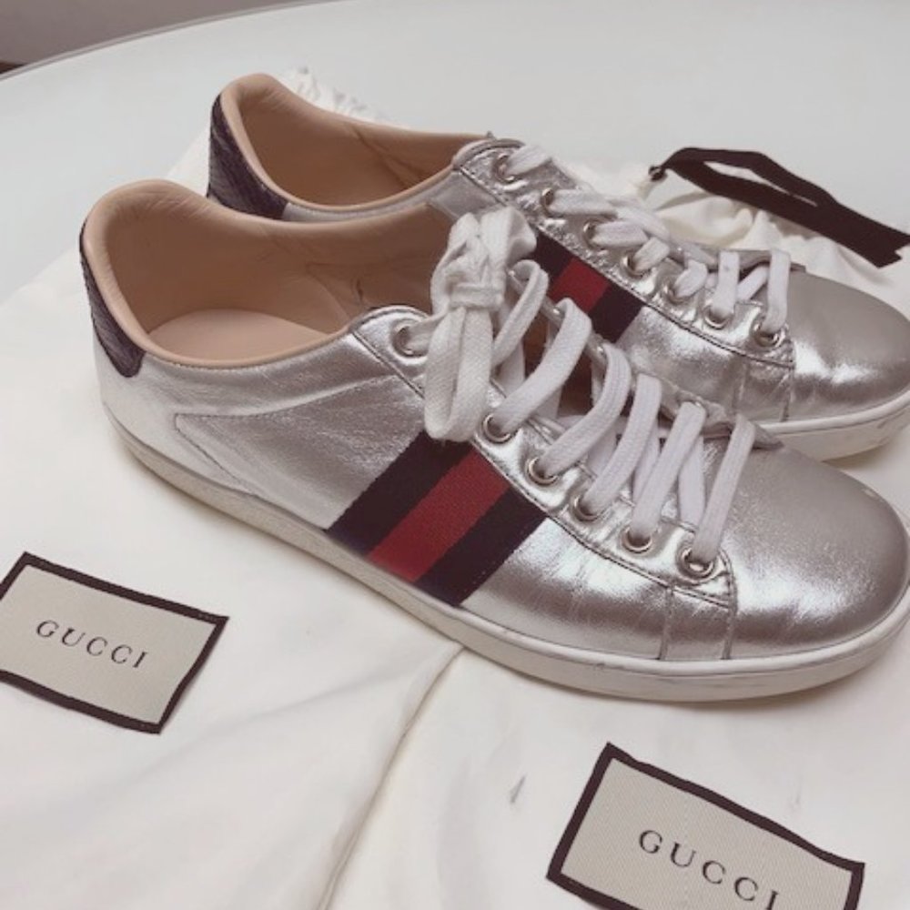 Gucci Ace Metallic Leather Low-Top Sneakers